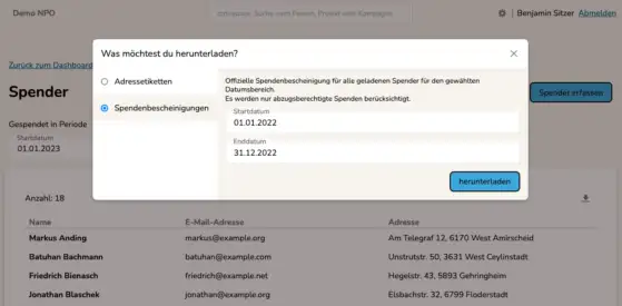 Screenshot des Download-Dialogs für Spendenbescheinigungen in der Spendenverwaltung cuora. Es kann das Start- und Enddatum gewählt werden und mit Klick auf den Button "Herunterladen" wird die Spendenbescheinigung erstellt.
