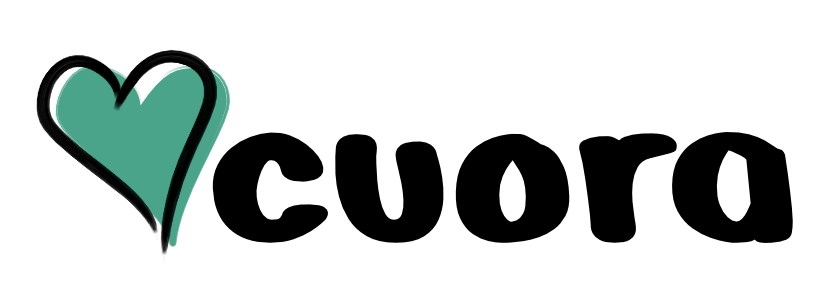 Ein gezeichnetes Herz, mit türkiser Farbe ausgefüllt, rechts daneben der Schriftzug cuora