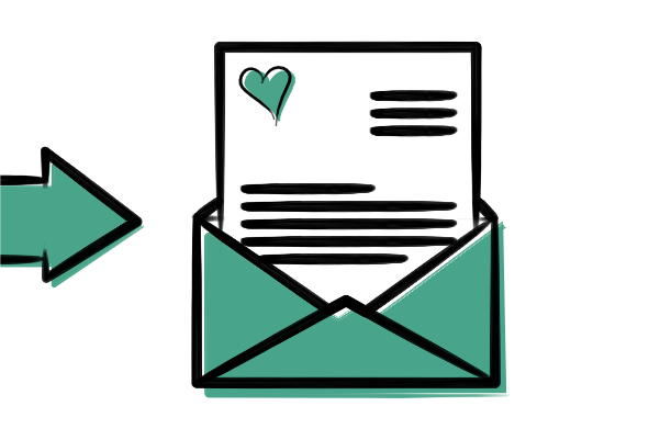 Illustration, geöffneter Briefumschlag, daraus kommt ein Brief mit dem cuora-Herz oben links